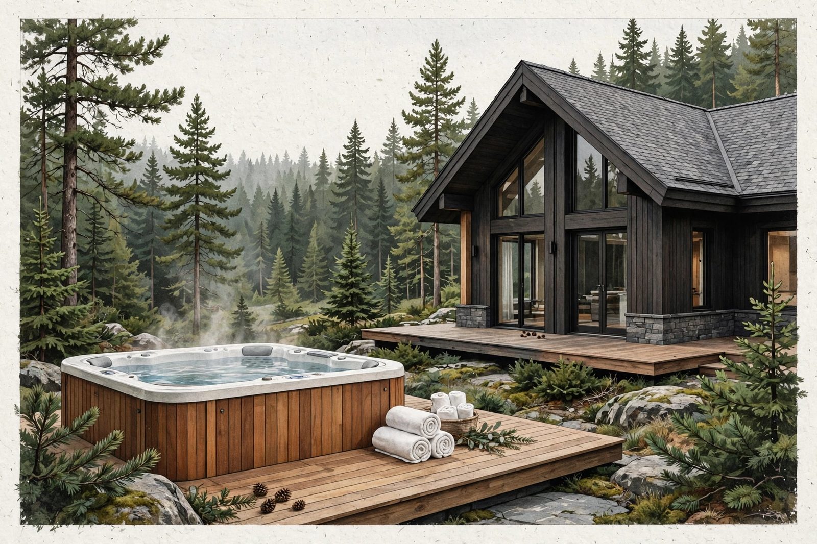 A clean outdoor spa beside a timber chalet