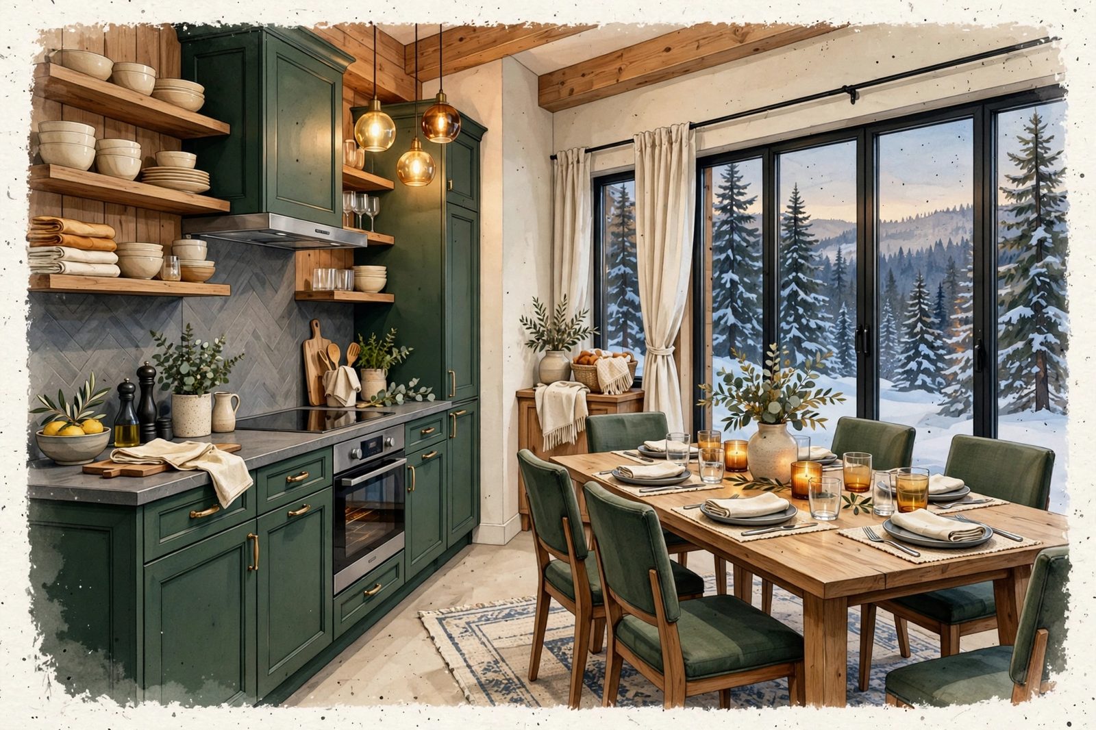 A spotless chalet kitchen and dining room prepared for guests